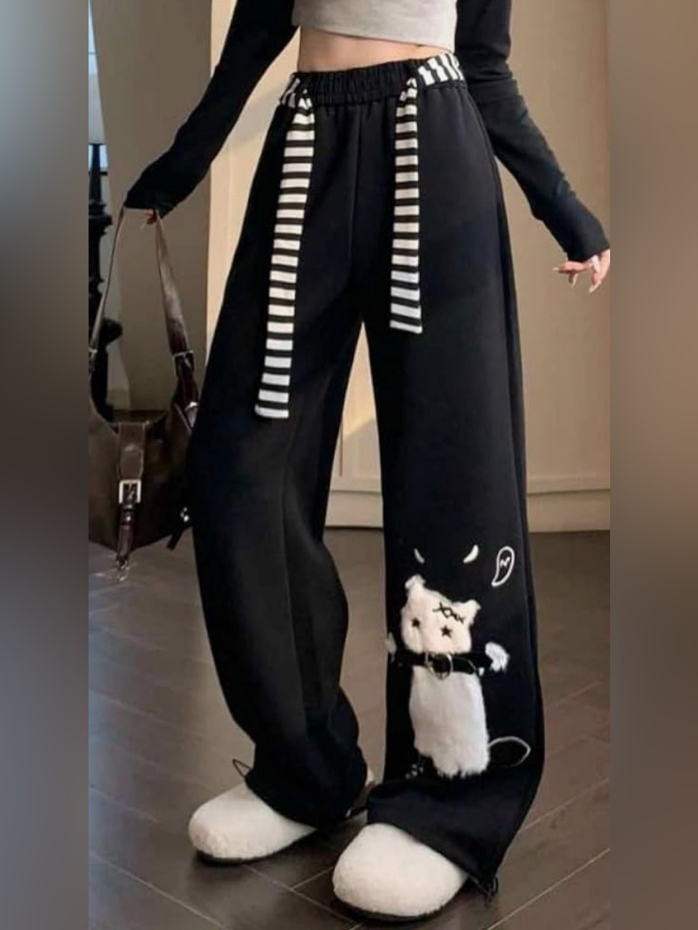 Black Pants with Plush Cat Applique